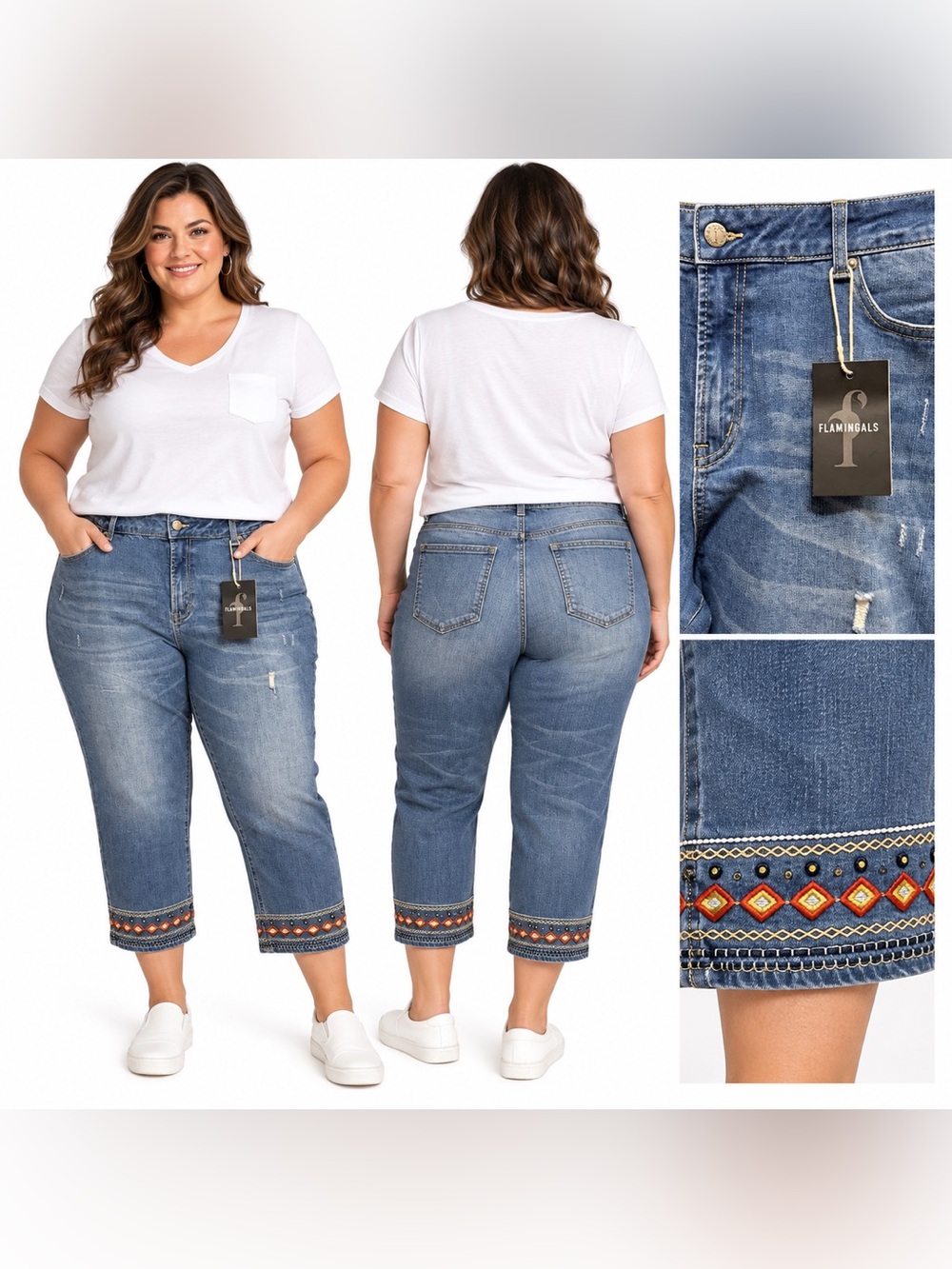 Flamingals Women’s 3XL Embroidered Capri Jeans Distressed Stretch Denim NWT